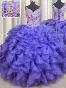 V Neck Sleeveless Floor Length Appliques and Ruffles Lace Up Sweet 16 Quinceanera Dress with Blue