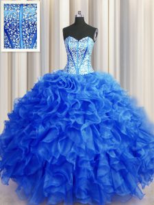 Visible Boning Beaded Bodice Organza Sweetheart Sleeveless Lace Up Beading and Ruffles Quinceanera Dresses in Royal Blue