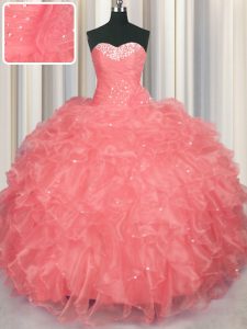 Ideal Watermelon Red Sleeveless Organza Lace Up Quinceanera Dresses for Military Ball and Sweet 16 and Quinceanera