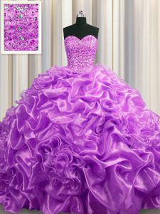 Custom Design Sleeveless Court Train Beading and Pick Ups Lace Up 15th Birthday Dress