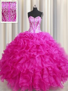 Hot Selling Visible Boning Bling-bling Organza Sleeveless Floor Length Quinceanera Gowns and Beading and Ruffles