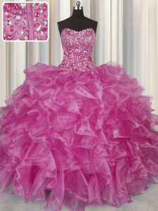 Admirable Visible Boning Fuchsia Quince Ball Gowns Military Ball and Sweet 16 and Quinceanera and For with Beading and Ruffles Strapless Sleeveless Lace Up