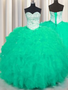 Floor Length Lace Up 15th Birthday Dress Turquoise for Military Ball and Sweet 16 and Quinceanera with Beading and Ruffles