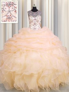 Low Price Scoop See Through Peach Organza Lace Up Quinceanera Gown Sleeveless Floor Length Beading and Ruffles and Pick Ups