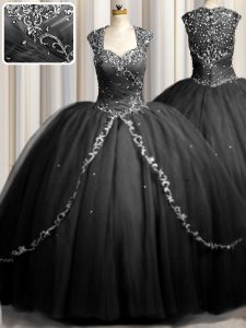 Zipple Up Black Cap Sleeves Tulle Brush Train Zipper Quinceanera Dresses for Military Ball and Sweet 16 and Quinceanera