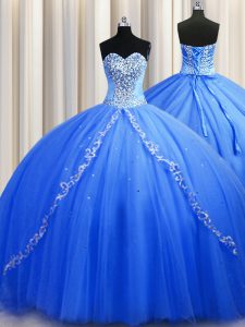 Brush train Blue Ball Gowns Beading 15th Birthday Dress Lace Up Tulle Sleeveless