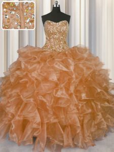 Fancy Visible Boning Champagne Ball Gowns Strapless Sleeveless Organza Floor Length Lace Up Beading and Ruffles Quinceanera Gowns