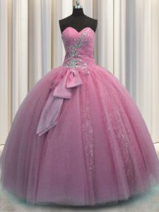 Sequins Bowknot Rose Pink Sleeveless Tulle Lace Up Quinceanera Dresses for Military Ball and Sweet 16 and Quinceanera