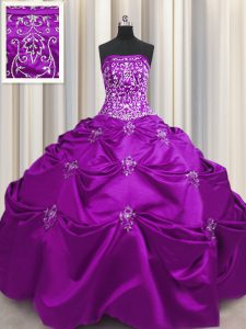 Strapless Sleeveless Taffeta Quinceanera Dresses Beading and Appliques and Embroidery Lace Up