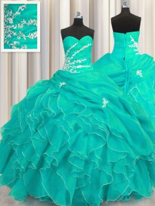 Turquoise Sweetheart Neckline Beading and Appliques and Ruffles 15 Quinceanera Dress Sleeveless Lace Up