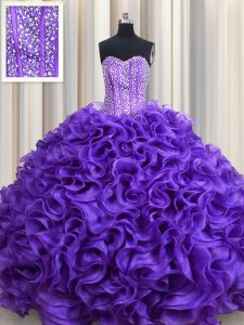 Dazzling Visible Boning Purple Sleeveless Organza Lace Up Quinceanera Dama Dress for Military Ball and Sweet 16 and Quinceanera