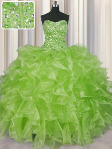 Wonderful Visible Boning Sleeveless Organza Floor Length Lace Up Party Dress for Girls in Yellow Green with Beading and Ruffles