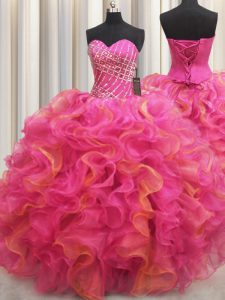 High End Beading and Ruffles Party Dresses Hot Pink Lace Up Sleeveless Floor Length