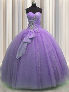 Floor Length Lace Up Vestidos de Quinceanera Lavender for Military Ball and Sweet 16 and Quinceanera with Beading and Sequins and Bowknot