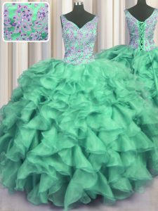 Suitable Turquoise Ball Gowns Organza V-neck Sleeveless Beading and Ruffles Floor Length Lace Up Quinceanera Dresses