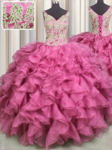 Rose Pink 15th Birthday Dress Military Ball and Sweet 16 and Quinceanera and For with Beading and Ruffles V-neck Sleeveless Lace Up