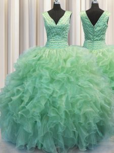 Fashion V Neck Zipper Up Green Ball Gowns Beading and Ruffles Sweet 16 Dresses Zipper Organza Sleeveless Floor Length