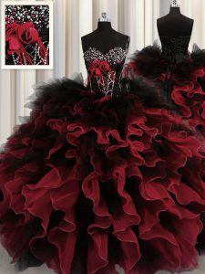Red And Black Sleeveless Floor Length Beading and Ruffles Lace Up Quinceanera Gowns