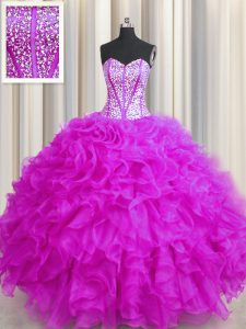 On Sale Visible Boning Beaded Bodice Organza Sweetheart Sleeveless Lace Up Beading and Ruffles Ball Gown Prom Dress in Fuchsia