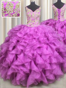 Wonderful Ball Gowns Quinceanera Gowns Fuchsia V-neck Organza Sleeveless Floor Length Lace Up