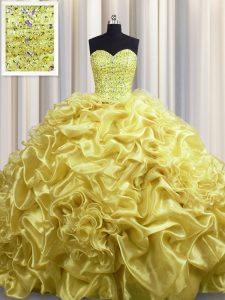 Excellent Gold Lace Up Sweetheart Beading and Pick Ups Quinceanera Dresses Organza Sleeveless Court Train