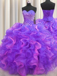 Beading and Ruffles Quinceanera Gowns Multi-color Lace Up Sleeveless High Low