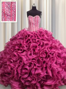 Visible Boning Ball Gowns Sweet 16 Dresses Hot Pink Sweetheart Organza Sleeveless Floor Length Lace Up
