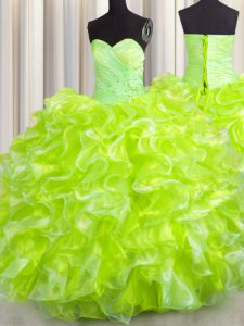 Inexpensive Yellow Green Sleeveless Beading and Ruffles Floor Length 15th Birthday Dress