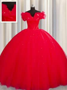 Red Ball Gowns Off The Shoulder Short Sleeves Tulle With Train Court Train Lace Up Ruching Quinceanera Gowns