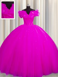 Most Popular Off The Shoulder Tulle Short Sleeves With Train Quinceanera Gowns Court Train and Ruching