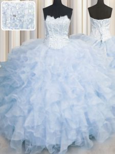Hot Sale Light Blue Ball Gowns Organza Scalloped Sleeveless Ruffles Floor Length Lace Up Vestidos de Quinceanera