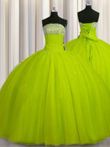 Romantic Big Puffy Floor Length Lace Up Quinceanera Gowns Yellow Green for Military Ball and Sweet 16 and Quinceanera with Beading and Sequins