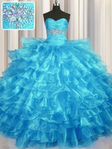 Perfect Baby Blue Sleeveless Beading and Ruffled Layers Floor Length Quinceanera Gowns