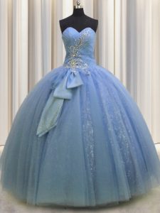 Sleeveless Floor Length Beading and Sequins and Bowknot Lace Up 15th Birthday Dress with Light Blue