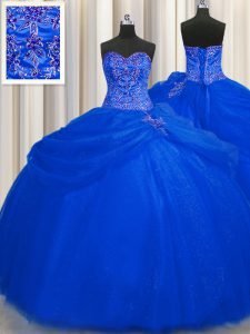 Adorable Big Puffy Sweetheart Sleeveless Quinceanera Dresses Floor Length Beading Royal Blue Tulle