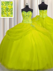 Really Puffy Yellow Green Tulle Lace Up Sweetheart Sleeveless Floor Length 15 Quinceanera Dress Beading