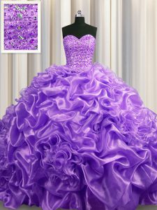 Sleeveless Organza With Train Court Train Lace Up Sweet 16 Dress in Lavender with Beading and Pick Ups