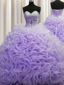 Best Selling Fabric With Rolling Flowers Sweetheart Sleeveless Brush Train Lace Up Beading and Pick Ups Quinceanera Dresses in Lavender