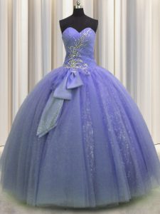 Lavender Ball Gowns Sweetheart Sleeveless Tulle Floor Length Lace Up Beading and Sequins and Bowknot Quinceanera Gowns