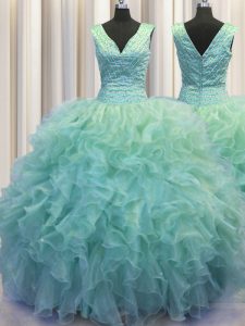 Glamorous Zipper Up Ball Gowns Quinceanera Dress Light Blue V-neck Organza Sleeveless Floor Length Zipper