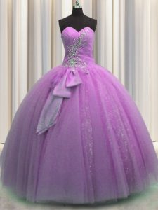 Luxury Sleeveless Floor Length Beading and Sequins and Bowknot Lace Up Vestidos de Quinceanera with Lilac