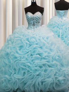 Customized Rolling Flowers Brush Train Aqua Blue Sleeveless Beading and Pick Ups Lace Up Quinceanera Gown