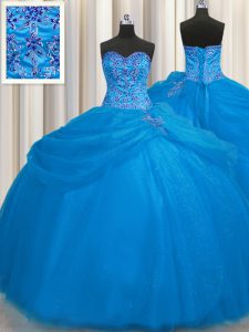 Really Puffy Blue Sweetheart Neckline Beading 15 Quinceanera Dress Sleeveless Lace Up