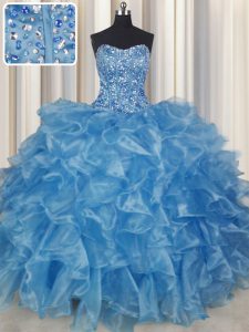 Top Selling Visible Boning Baby Blue Lace Up Strapless Beading and Ruffles Quince Ball Gowns Organza Sleeveless