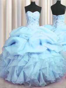 Noble Visible Boning Baby Blue Ball Gowns Beading and Ruffles and Pick Ups Quinceanera Dress Lace Up Organza Sleeveless Floor Length
