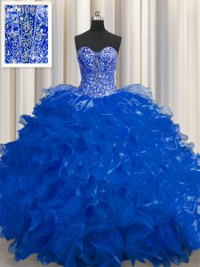 Admirable See Through Royal Blue Lace Up Ball Gown Prom Dress Beading and Ruffles Sleeveless Floor Length