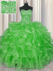 Pretty Visible Boning Ball Gowns Organza Strapless Sleeveless Beading and Ruffles Floor Length Lace Up Sweet 16 Dresses