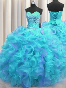 Multi-color Sleeveless Floor Length Beading and Ruffles Lace Up Ball Gown Prom Dress
