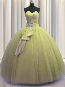 Light Yellow Ball Gowns Beading and Sequins and Bowknot Ball Gown Prom Dress Lace Up Tulle Sleeveless Floor Length