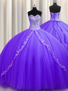 Sweep Train Ball Gowns Quinceanera Dresses Lavender Sweetheart Tulle Sleeveless Lace Up